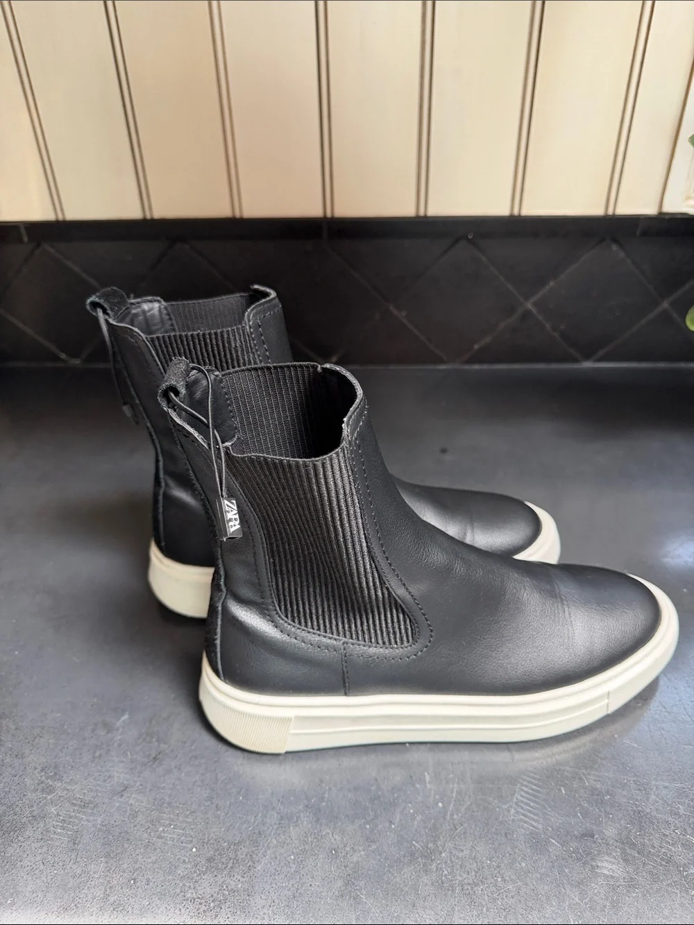 Zara Women's Black Leather Chelsea Sneaker Boots - White Sole